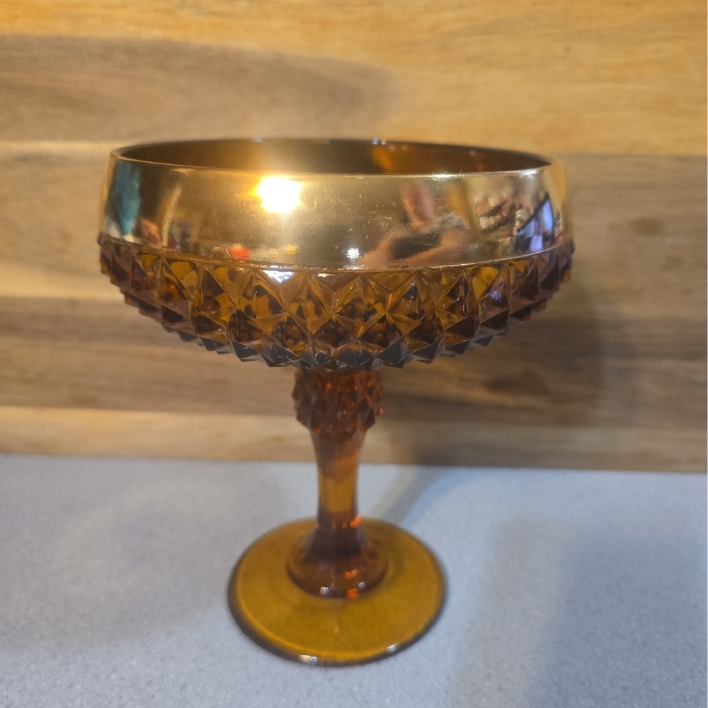 Vintage Amber and Gold tone Diamond Point Indiana Glass Compote 1960's Pedastal